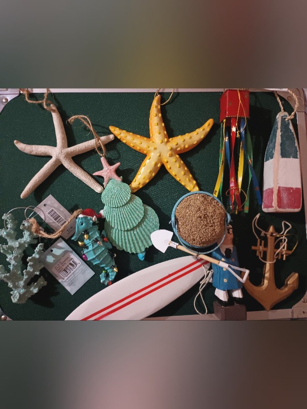 11 Piece Lot Coastal Themed Winter Holiday Ornaments Beach Surf Sand Bucket